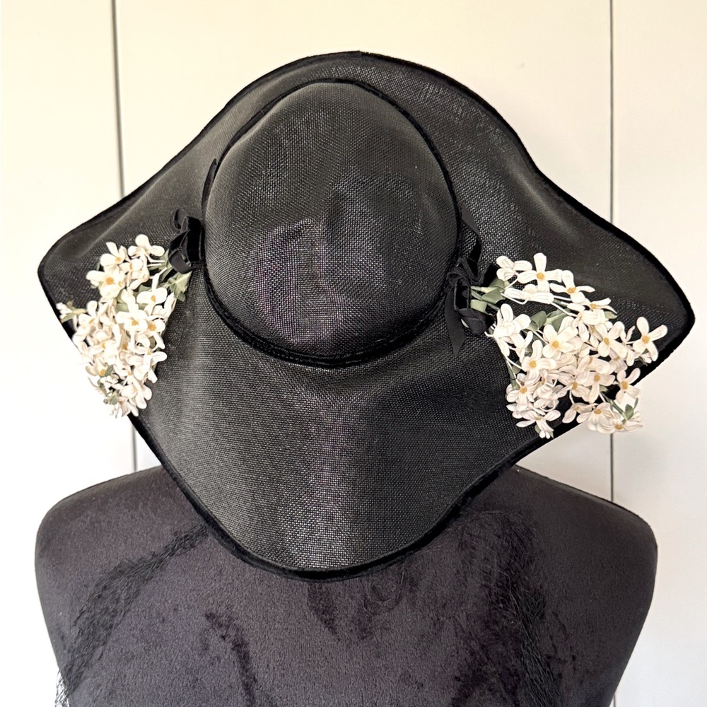 Womens vintage Valerie Modes black hat with net brim and white flowers